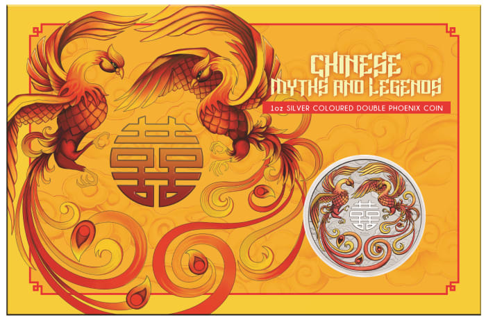 Chinese Myths and Legends: Double Phoenix kolorowany (czerwono-złoty) 1 uncja Srebra 2025 (moneta w karcie)