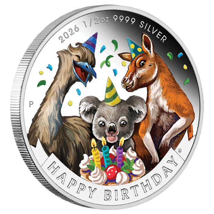 Happy Birthday colorata 1/2 Oncia Argento 2026 Proof