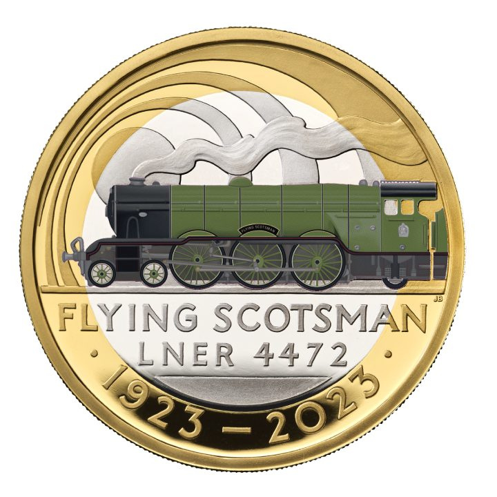 A Flying Scotsman századik évfordulója 2 font aranybevonatú, színes ezüst 2023 Proof Piedfort