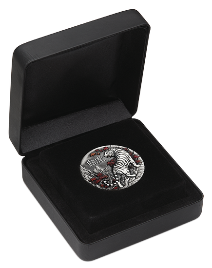 Tuvalu: White Tiger coloured 2oz Silver 2022 Antiqued Coin