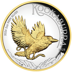 Gold-plated 2 oz Silver 2024 Proof High Relief Kookaburra 