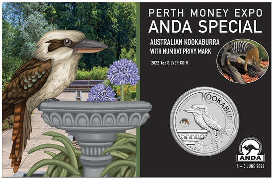 Kookaburra with Numbat kolorowany 1 uncja Srebra 2022 Privy Mark (Perth Money Expo Anda Special)