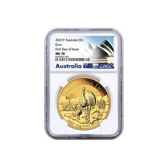 Australijski Emu 1 uncja Złota 2021 MS 70 NGC First Day of Issue