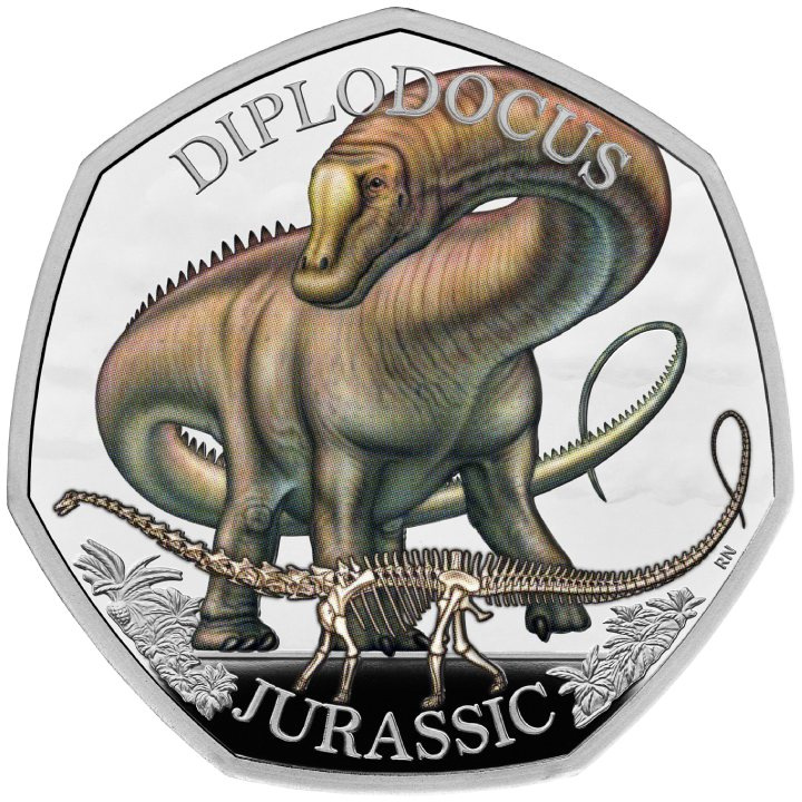 Dinosaures : spécimens emblématiques - Diplodocus coloré 50 pence en argent 2024 Proof
