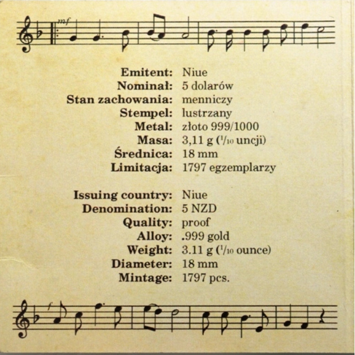 Niue: Mazurek Dąbrowskiego 1/10 oncia d'oro 2022 Proof