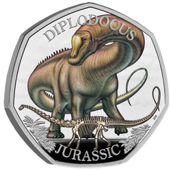 Dinosaures : spécimens emblématiques - Diplodocus coloré 50 pence en argent 2024 Proof