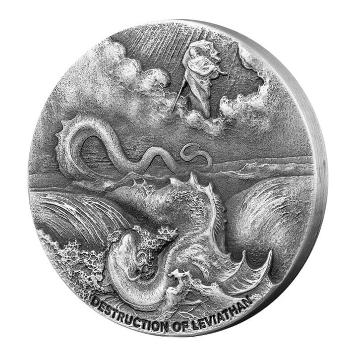 Niue: Biblical - Destruction of Leviathan 2 oz Silver 2020 Proof Antiqued Coin