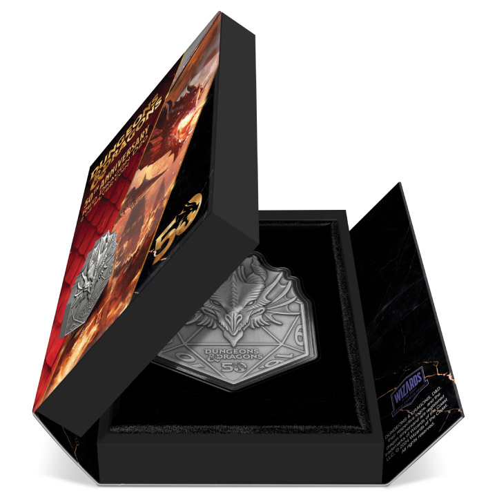 Niue: Dungeons & Dragons 50th Anniversary - Red Dragon D20 2 oz Silber 2024 Antiqued Coin