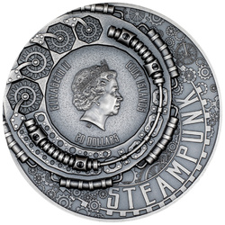 Isole Cook: Steampunk - Laboratorio scientifico dorato 3 once d'argento 2023 Ultra High Relief Antiqued Coin