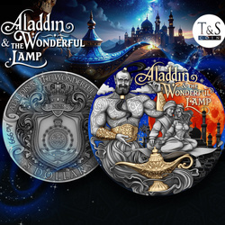 Niue: Aladdin & the Wonderful Lamp színezett/aranyozott 2 uncia ezüst 2025 antikolt érme