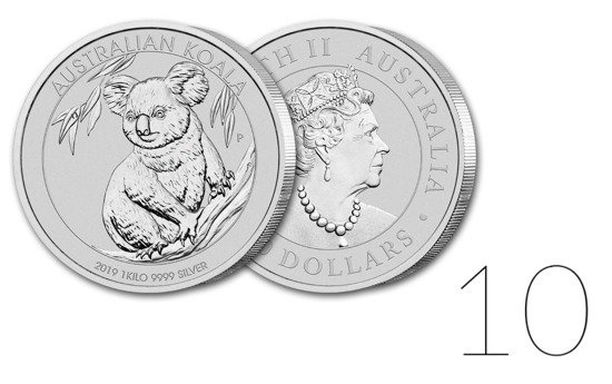 Koala 1000 grammes d'argent 2019 LOT DE 10 PIÈCES