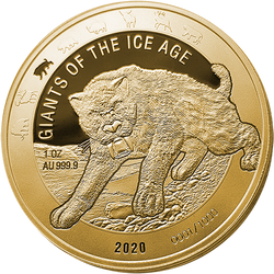 Ghana: Giants of the Ice Age - Tygrys Szablozębny 1 uncja Złota 2020 Proof