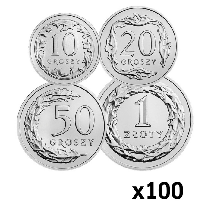 Érmék 10 gr, 20 gr, 50 gr, 1 zł - nikkelezett acél 2019 (100 darab)