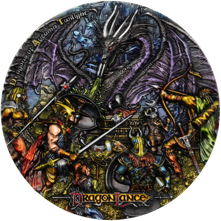 Niue: Dragonlance Chronicles - Dragons of Autumn Twilight kolorowany 3 uncje Srebra 2023 High Relief Antiqued Coin