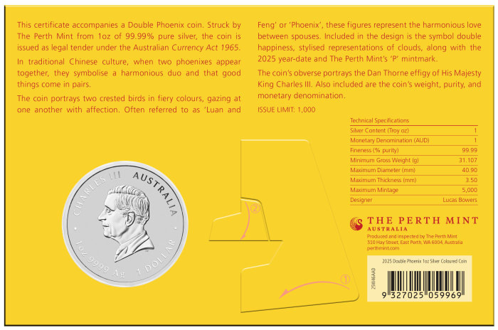 Chinese Myths and Legends: Double Phoenix kolorowany (czerwono-złoty) 1 uncja Srebra 2025 (moneta w karcie)