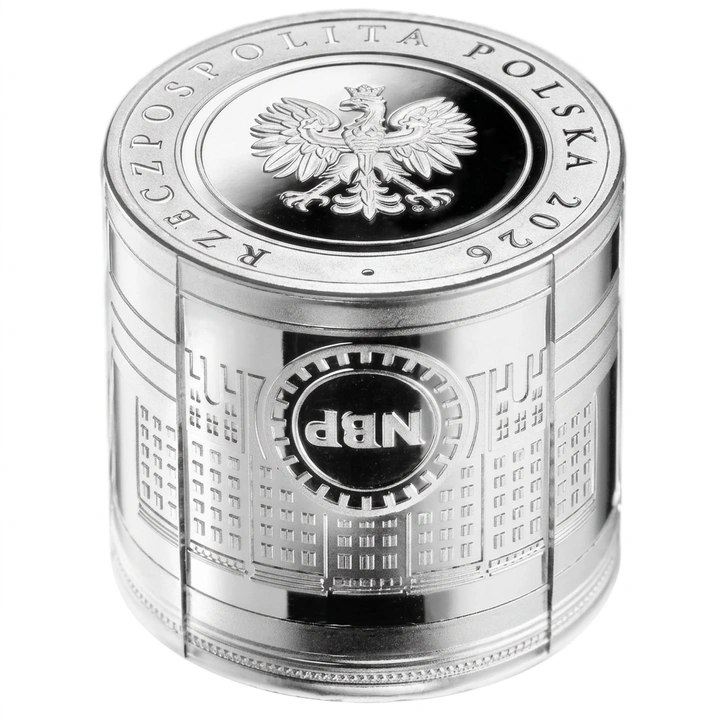 Silver Coin Independent Central Bank - NBP Gold Reserves 100 zloty Silver 2026 Proof Case/Folder (cylindrical-shaped coin)