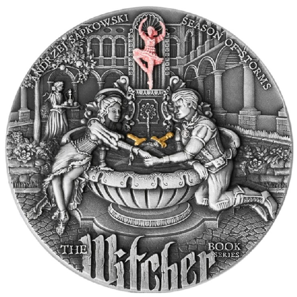 Niue: The Witcher Book Series - Sezon Burz kolorowany pozłacany 2 uncje Srebra 2025 High Relief Antiqued Coin