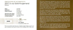 Krugerrand 1/50 once d'or 2017 (50e anniversaire)