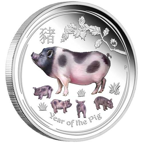 Lunar II: Rok Świni kolorowany 2 uncje Srebra 2019 Proof (Brisbane Money Expo)