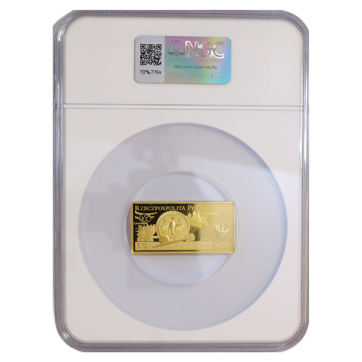 Złota Moneta Polskie banknoty obiegowe – banknot o nominale 50 zł Złoto 2025 Proof NGC PF 70 Ultra Cameo