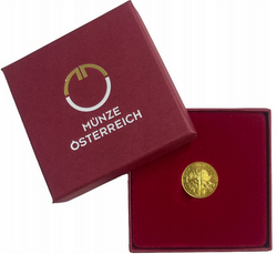 Filarmónica de Viena 1/10 oz Oro 2025 en caja decorativa de ceca + caja Feliz Navidad