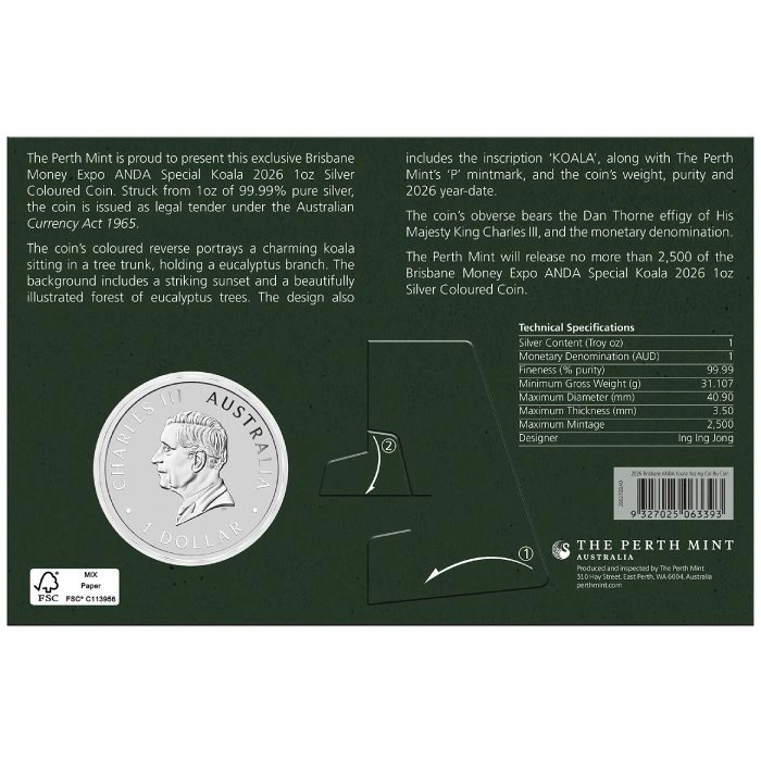 Perth Mint: Koala színezett ezüst érme 1 uncia ezüst 2026 (Brisbane Money Expo Anda Special)