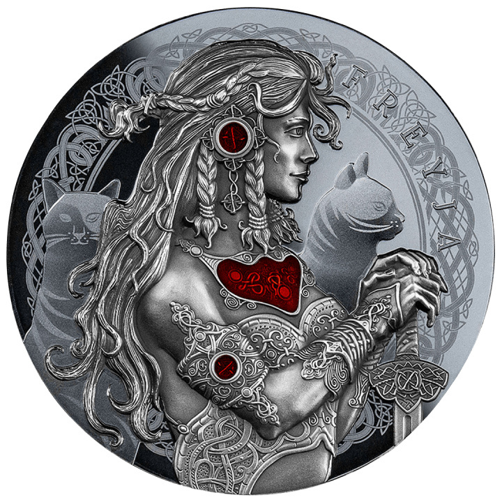 Niue: The Goddessed of Love - Freya coloured $5 Silver 2022 Black Proof Antiqued Coin