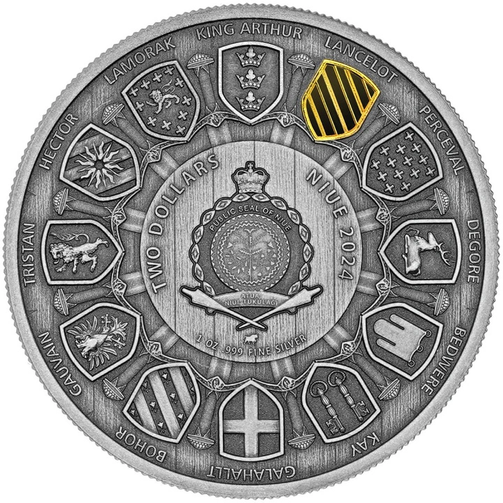 Moneda de plata Camelot - Sir Lancelot coloreada 1 onza de plata 2024 Antiqued Coin