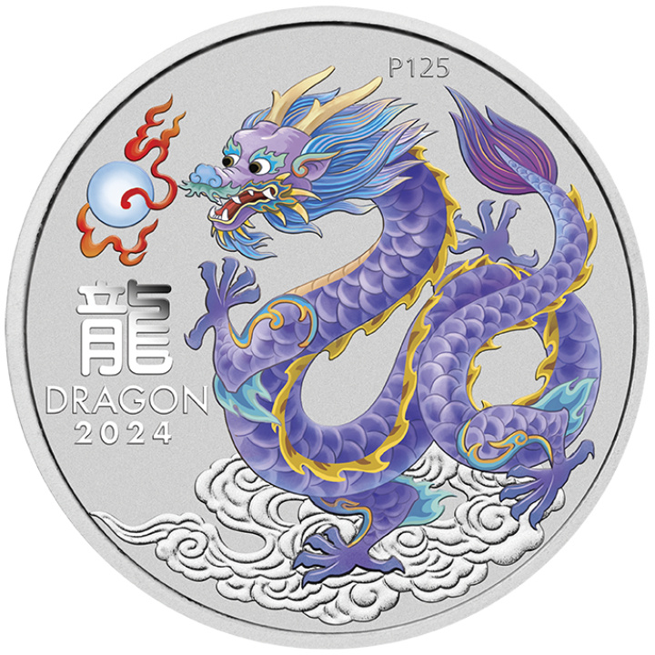 Perth Mint : Lunar III - Année du Dragon « Dragon lilas » coloré 1/2 once d'argent 2024