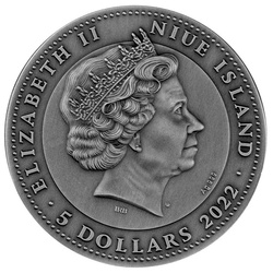 Niue : Triton plaqué or 5 argent 2022 Pièce à haut relief vieilli