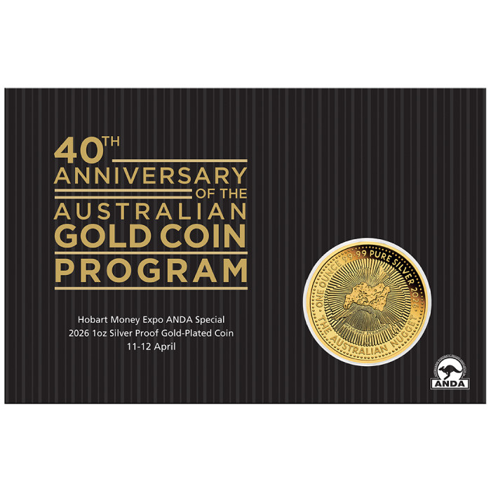 Сребърна монета Пърт Минт: 40-годишнина от Australian Nugget Hobart Money Expo позлатена 1 унция Сребро 2026 (в карта)