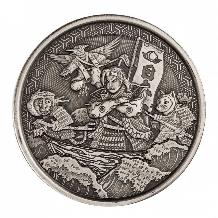 Samoa: Legends of Japan Series – Momotaro na ostrově démonů ve stylu ukiyo-e 1 unce stříbra 2021 Antiqued Coin