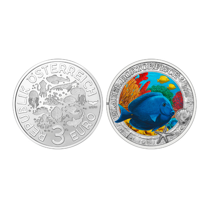 Blue Doctorfish coloured 3 Euro Copper 2024