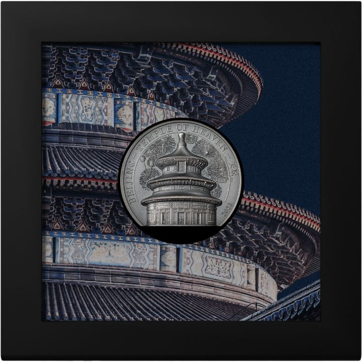 Cookovy ostrovy: Peking – Chrám nebes 2 unce stříbra 2023 Ultra High Relief Antiqued Coin