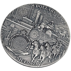 Niue: Around the World in 80 Days - Train Trip coloured 1 oz Silber 2023 High Relief Antiqued Coin