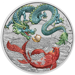 Chinese Myths and Legends: Dragon & Koi coloured (blue-red) 1 oz Silver 2023 Coin in card version