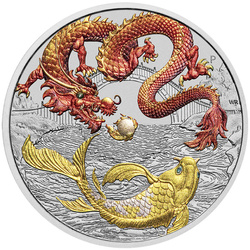 Mitos y Leyendas Chinos: Dragón y Koi de color rojo y oro 1 oz Plata 2023