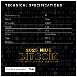 Niue : Bitcoin plaqué or 1 once d'argent 2025