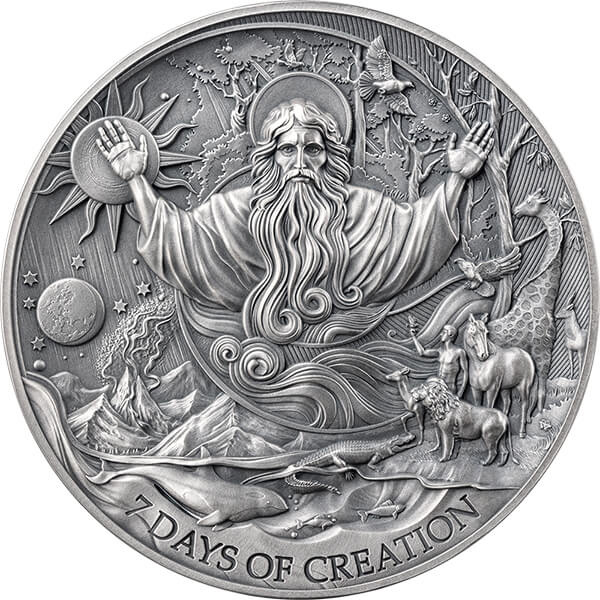 Kamerun: Bible Stories: Siedem Dni Stworzenia 2 uncje Srebra 2024 High Relief Antiqued Coin