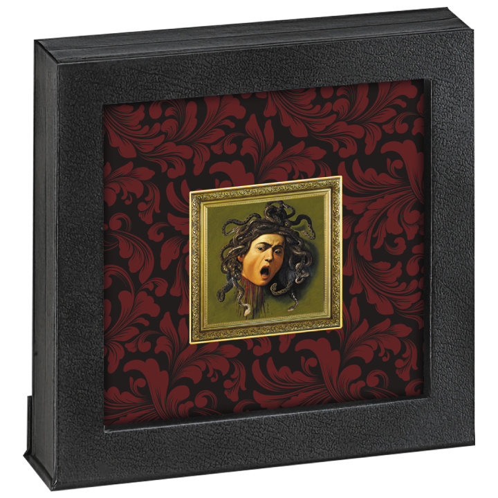 Niue: Caravaggio - Medusa coloured 1 oz Silber 2021 Gilded Proof Coin