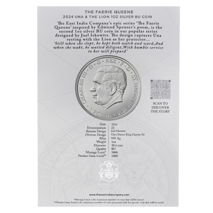Santa Elena: Faerie Queene - Una & Lion 1 oz Plata 2024 (moneda en tarjeta)