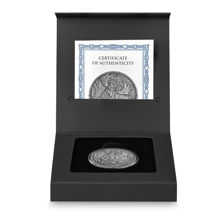 Silbermünze Germania Mint: Megafauna - Riesenhirsch Oblivion 1 Unze Silber 2026 Black Light Colours Antiqued Coin