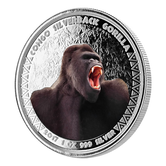 Congo: Goryl srebrnogrzbiety kolorowany 1 uncja Srebra 2017 Proof