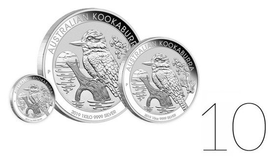 Kookaburra 1000 gramů stříbra 2019 BALÍČEK 10 KS