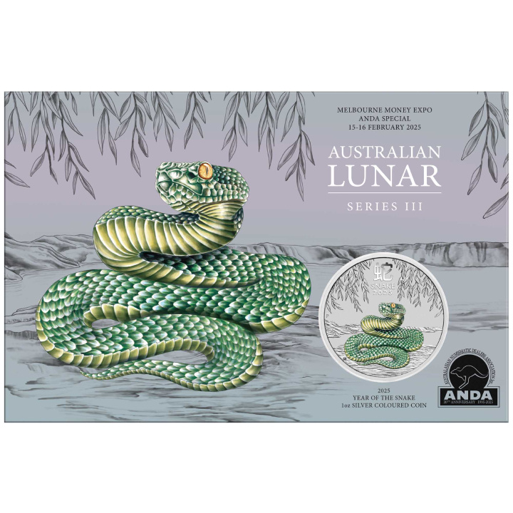 Perth Mint: Lunar III - Rok Węża kolorowany 1 uncja Srebra 2025 (Melbourne Money Expo Anda Special)
