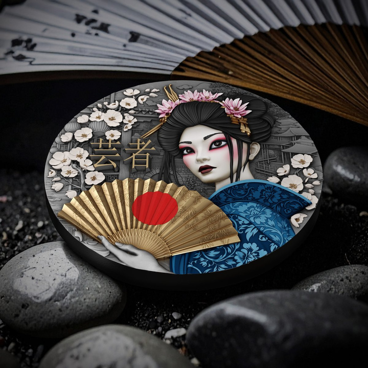 Niue: Geisha koloriert/vergoldet 2 oz Silber 2025 Antik-Finish