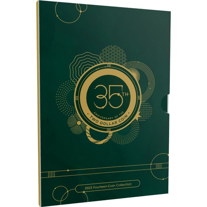 Set di 14 monete: 35° anniversario del dollaro da due dollari colorato in bronzo e alluminio 2023