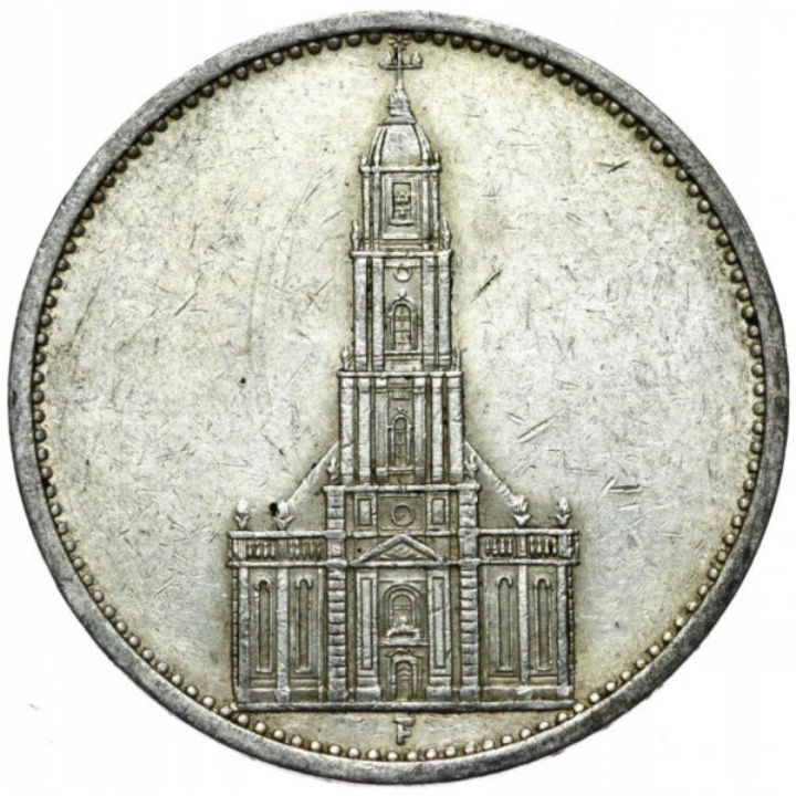 Niemcy, Trzecia Rzesza - Potsdam Garrison Church 5 reichsmarek Srebro 1934-1935