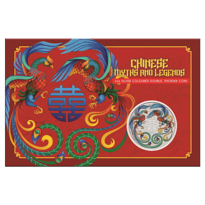 Chinese Myths and Legends: Doble Fénix Coloreado (vivid) 1 onza Plata 2025 (Moneda en Tarjeta)