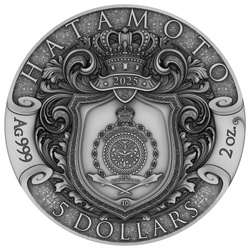 Niue: Hatamoto coloreada/chapada en oro 2 oz Plata 2025 Antiqued Coin